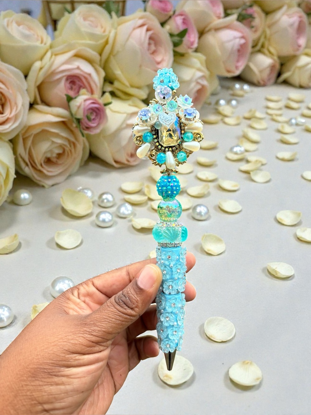 Handcrafted Turquoise Beaded Decorative Pen Flowers- Women Accessories
